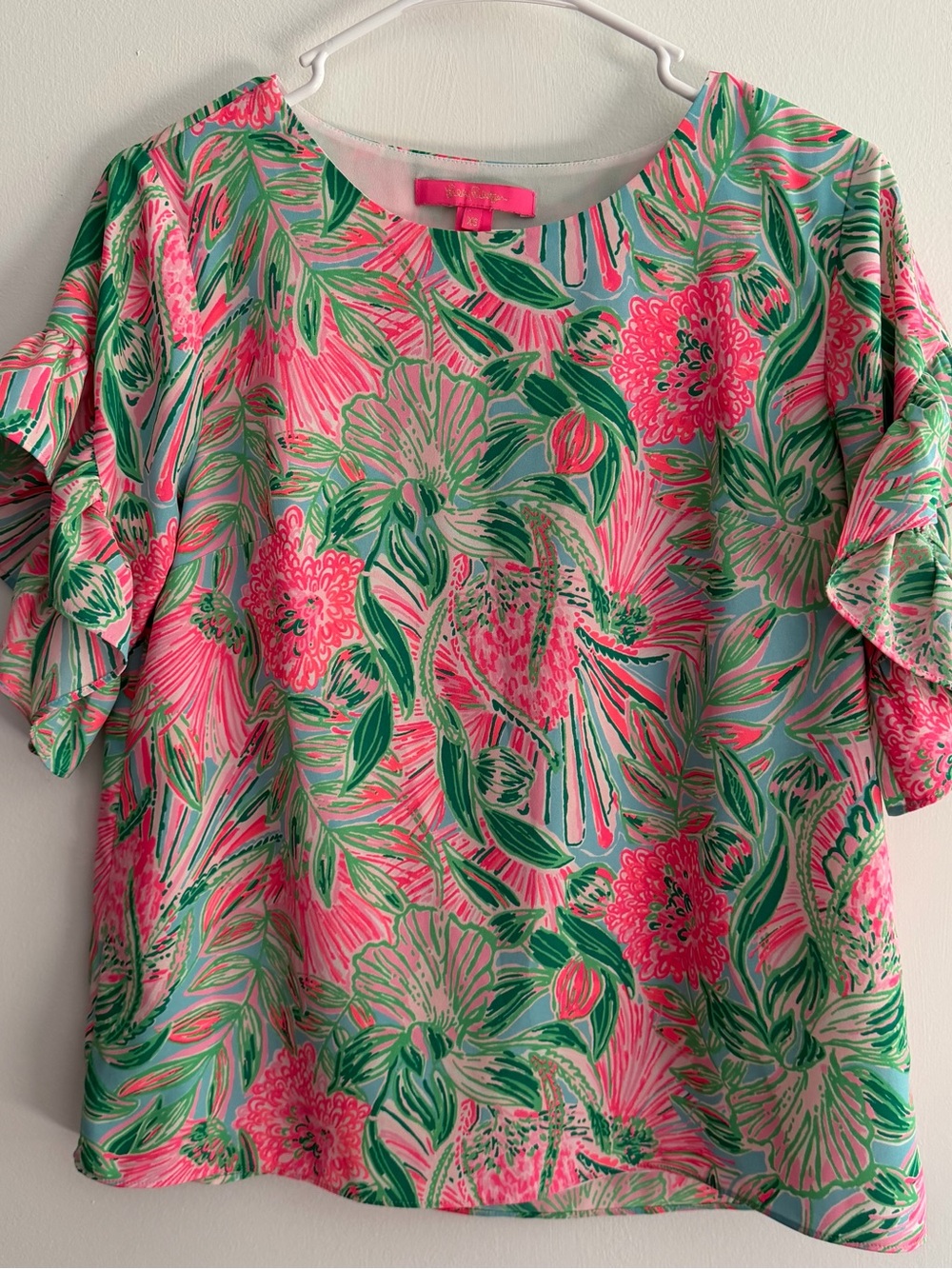 Lilly Pulitzer Pink & Green Floral Ruffle Sleeve Blouse Oversized XS